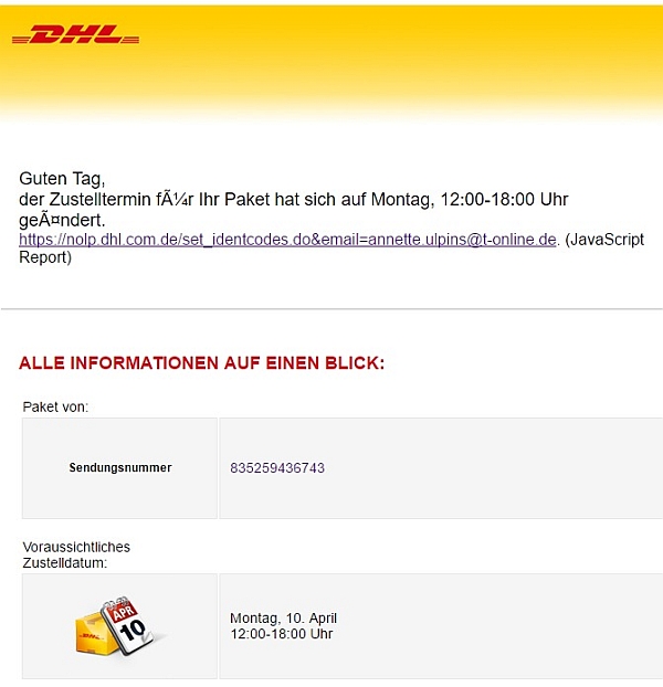 Ihr Dhl Paket Kommt Am Montag 12 00 18 00 Uhr Onlinewarnungen Vor Internetbetrug Spam Und Abzocke